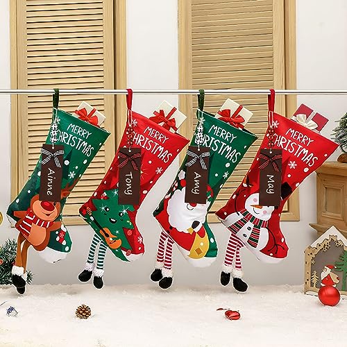 Personalized 18in Christmas Stockings 4-Pack with Wooden Name Tags Deer Santa Snowman