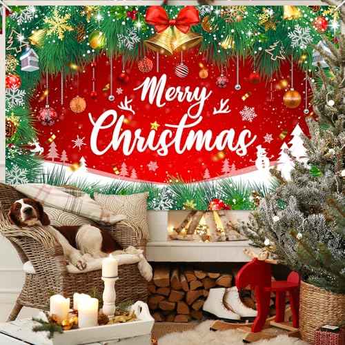 Merry Christmas Backdrop 6x4 ft Christmas Banner Red Green Garland Jingle Bell Holiday Photo Background Xmas Party Decorations