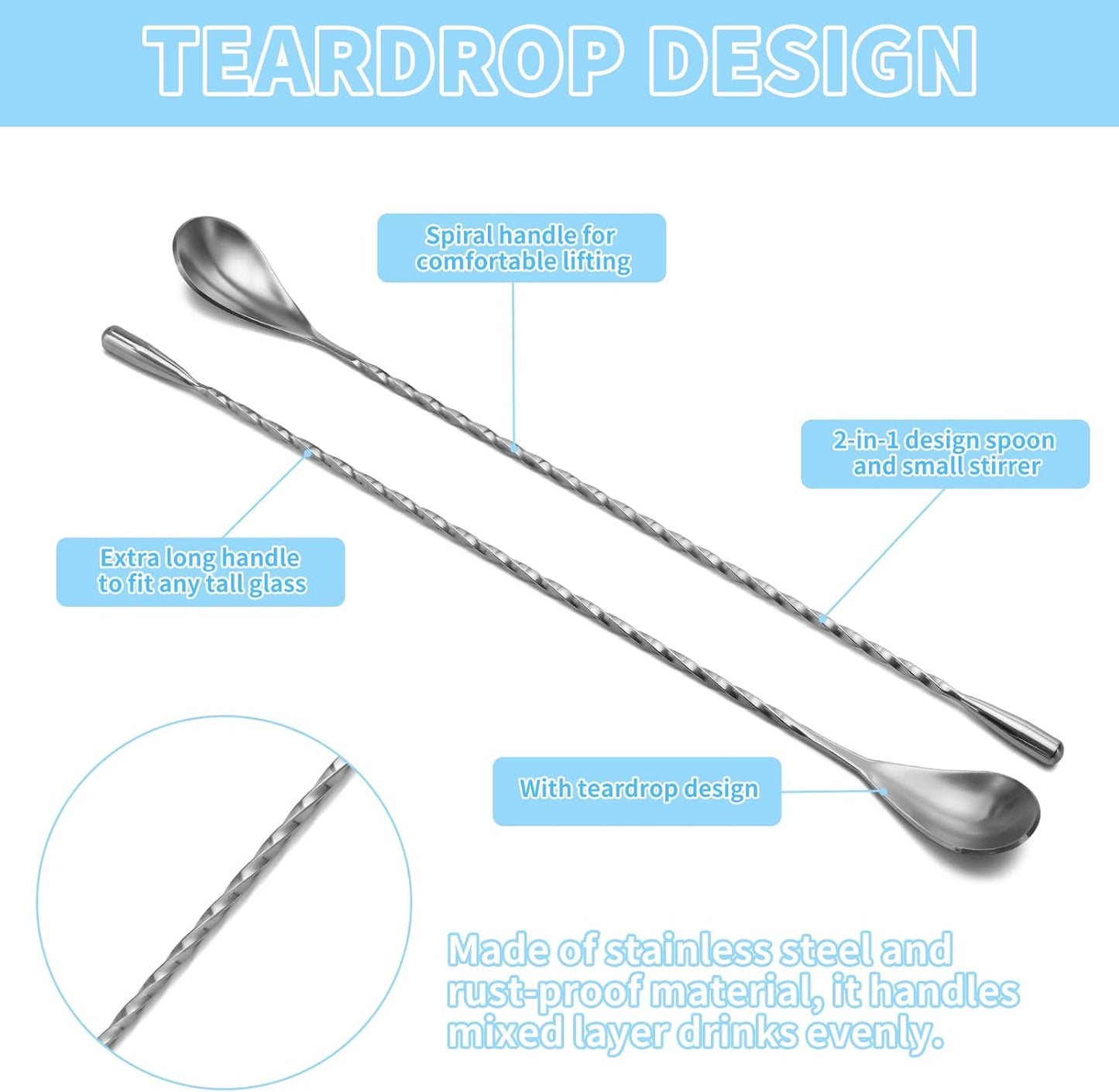 Skiennix Stainless Steel Bar Mixing Spoon Set - 12 Inch Cocktail Spoons with Spiral Design | 2 Pcs