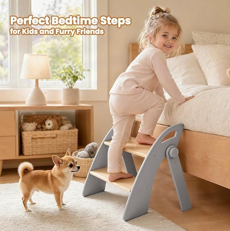 Foldable Wooden Toddler Step Stool with Handles & Non-Slip Pads - Grizzly