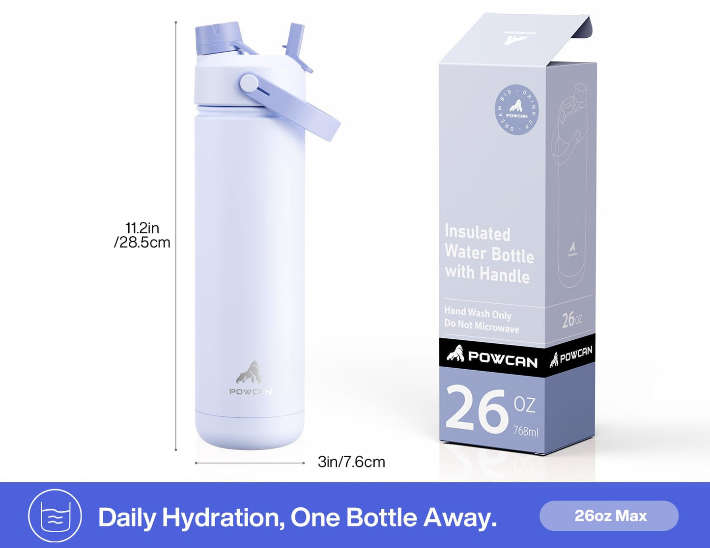 POWCAN 32 oz Insulated Water Bottle with 2-in-1 Straw and Spout Lid, Keep Cold 24H, Leak-Proof, BPA-Free, Double Wall Stainless Steel Water Bottle for Sports, Gym, Travel, and School (Lupine)