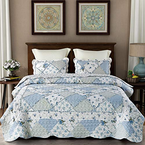 Oversized King Quilt Set Blue Floral Patchwork Alaska King Bedspread - VIVILINEN