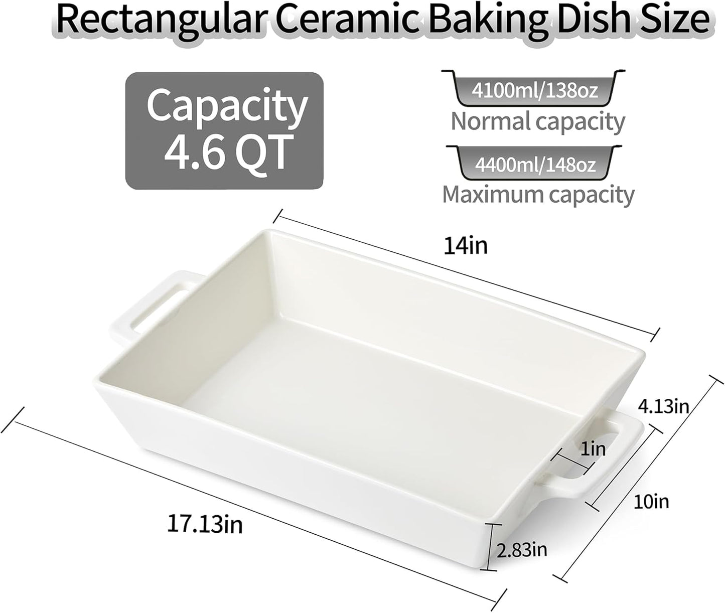 Regine Switzerland Large Rectangular Ceramic Baking Dish - 4.6 Qt, 14x10 Inch, Oven Safe, Versatile Casserole Pan