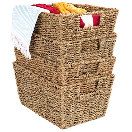 Natural Set of 4 Multipurpose Stackable Seagrass Storage Baskets - Handwoven Laundry Organizers