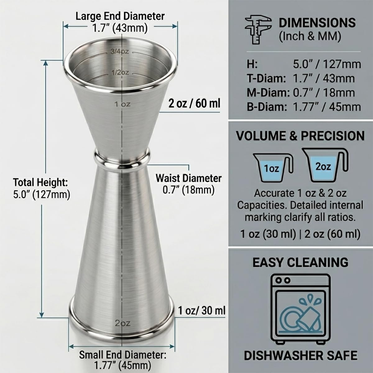 Barfroee Japanese Cocktail Jigger - 1oz & 2oz Double Jigger with Internal Measurement Markings - 304 Stainless Steel Bar Tool for Mixology - Accurate Shot Measure for Drinks