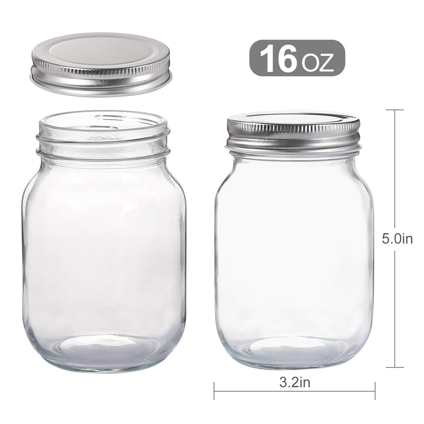 YINGERHUAN Glass Regular Mouth Mason Jars, 16 oz Clear Glass Jars with Silver Metal Lids for Sealing, Canning Jars for Food Storage, Overnight Oats, Dry Food, Snacks, Candies, DIY Projects (8PACK)