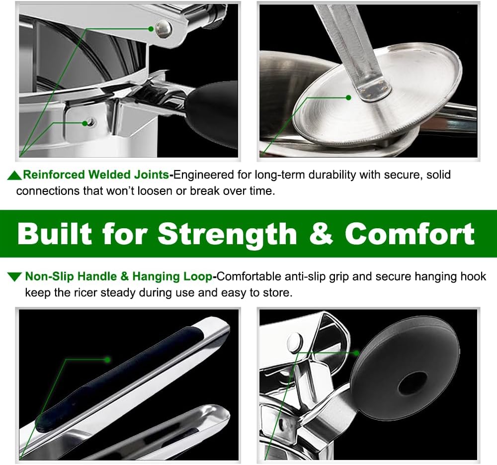 Skiennix Heavy Duty Potato Ricer - Stainless Steel Masher for Perfectly Pressed Potatoes & Vegetables