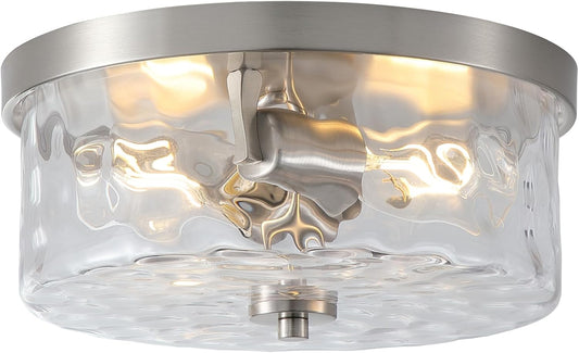 Hammered Glass Brushed Nickel Flush Mount Ceiling Light,2-Lights Modern Farmhouse Ceiling Lighting Fixture for Kitchen Hallway Bedroom,Indoor Antique Foyer Light