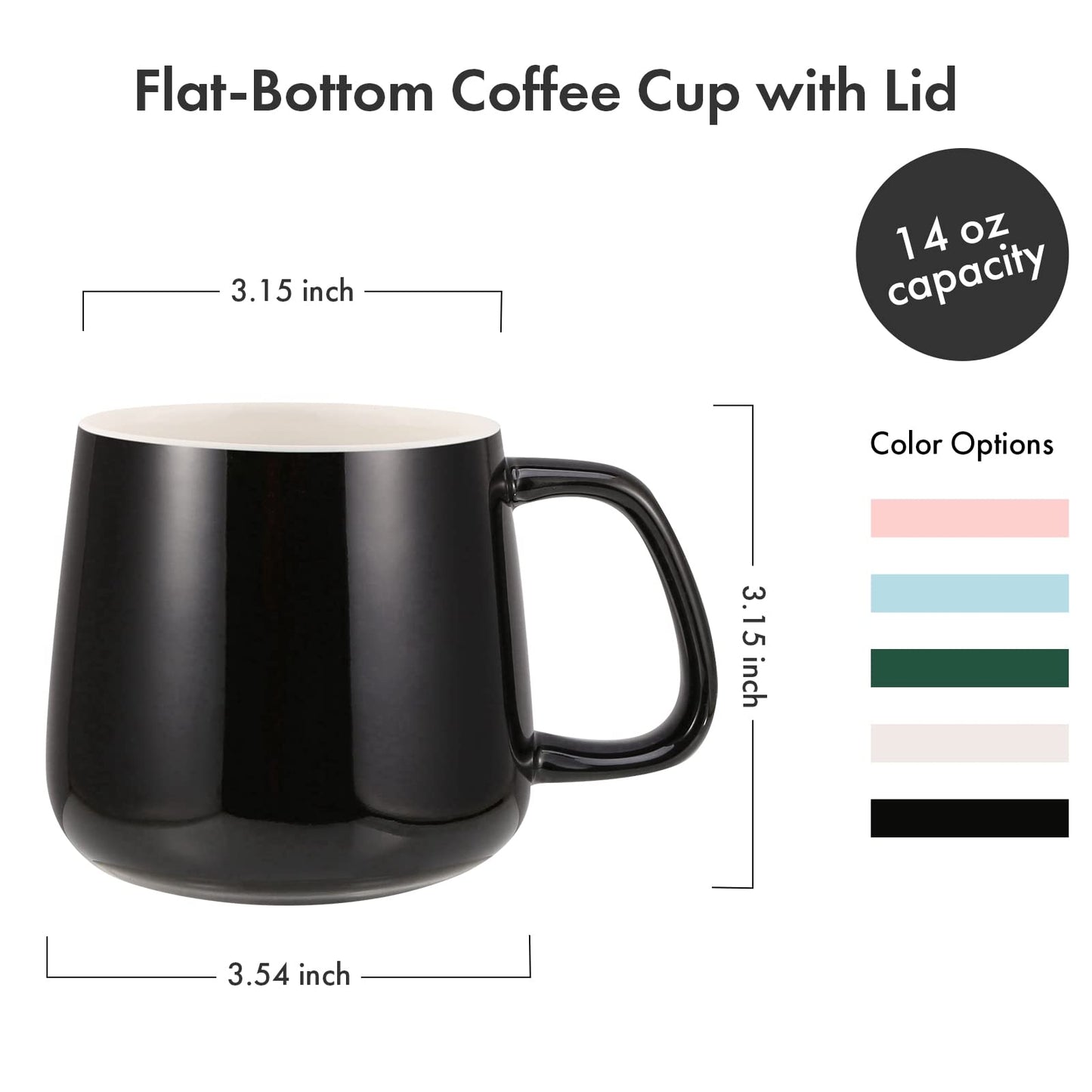 VOBAGA Coffee Cup with Lid and Flat-Bottom, 13 oz Tea Mug for Daily Use Warming Coffee&Tea (Black)