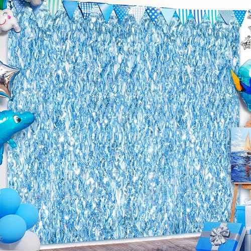 Blue Wave Tinsel Foil Fringe Curtain Streamers Decoration Blue Backdrop for Birthday,Under The Sea,Ocean,Pool,Beach Theme Party Decorations -2 Packs