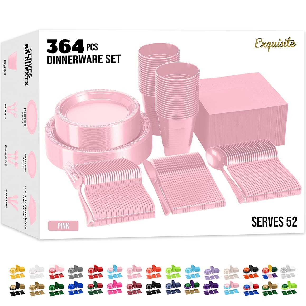 350 Pcs Pink Plastic Plates For Party, Pink Disposable Plates Set, 50 Of Each 9" Dinner Plate Set, 7" Dessert Plate, Cups, Napkins & Cutlery Plastic Dinnerware Set Exquisite