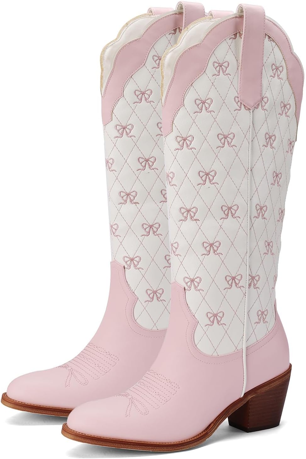 Skiennix Cowboy Boots - Embroidered Knee High Cowgirl Boots with Chunky Heel & Pearl Detail | Perfect for Dressy Parties