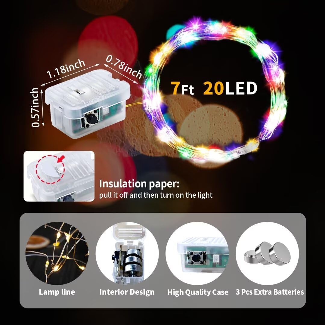 Pozzolanas 24-Pack Multi-Colored Fairy Lights - Battery Operated, 3 Modes, 7FT Waterproof String Lights for Weddings, Christmas & Parties