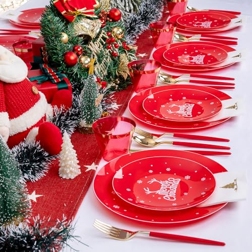 Nervure Red and White Christmas Plastic Plates 175PCS Disposable Dinnerware Set