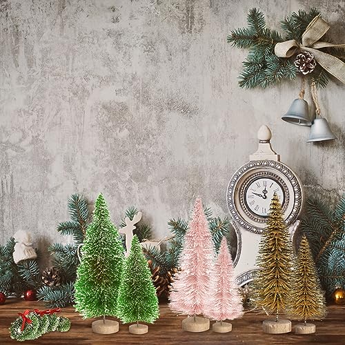 8pcs Mini Christmas Tree, Artificial Bottle Brush Trees with Wood Base, Tabletop Miniature XmasTrees with 4 Small Christmas Wreath, Fake Xmas Tree Ornament, White Christmas Tree for Christmas D?cor