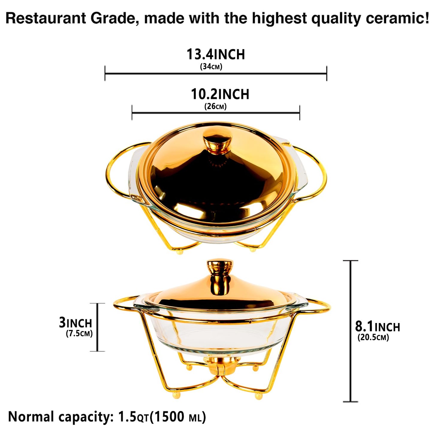 jinsongdafa Casserole Dish 9" Glass Baking Dish with Stainless steel Lid and Golden rack, 1.5 Qt round Baking Pan For Casserole & Lasagna, Microwave Dishwasher Freezer Oven Safe