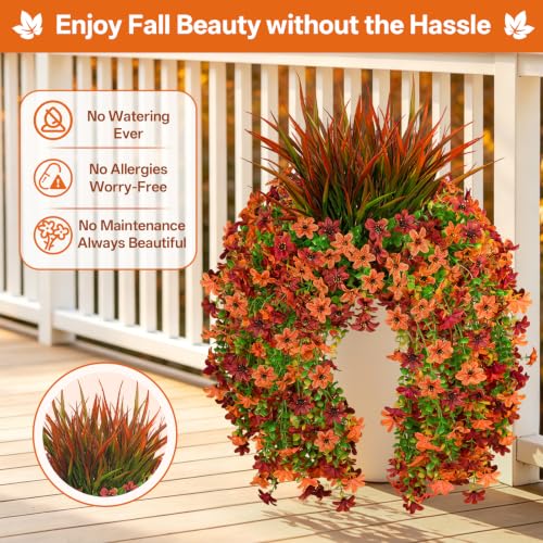 Artificial Fall Hanging Flowers - Faux Mums with Grass, Brown Red, 6-Petaled, 7PCS