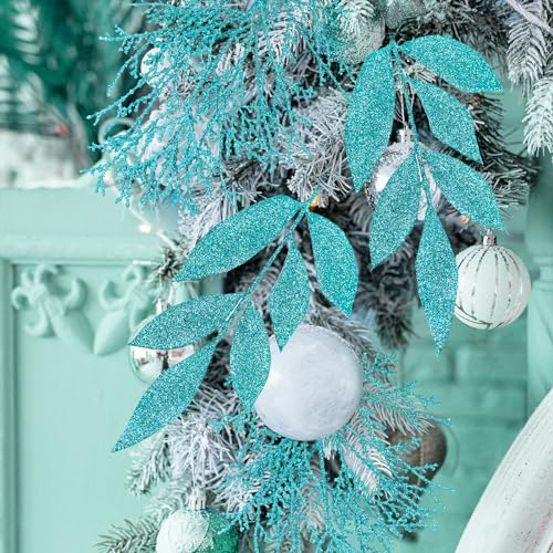 Winlyn Teal Blue Glittered Artificial Christmas Leaf Sprays - 30 Pcs Holiday Floral Decor