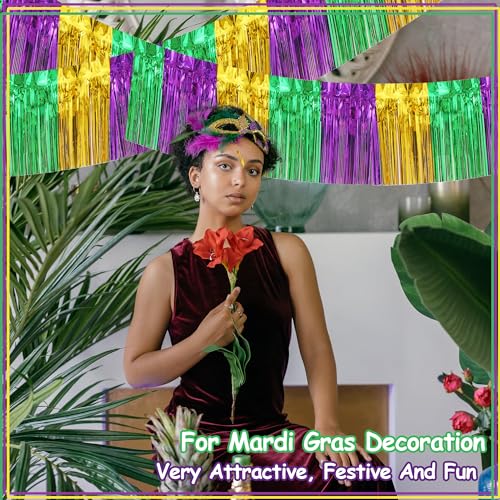 2 Pack 10 Feet Green Gold Purple Foil Fringe Garland Metallic Tinsel Streamers Banner Fringe Backdrop Banner for Parade Floats Mardi Gras Birthday Party Homecoming Decoration (Green Gold Purple)