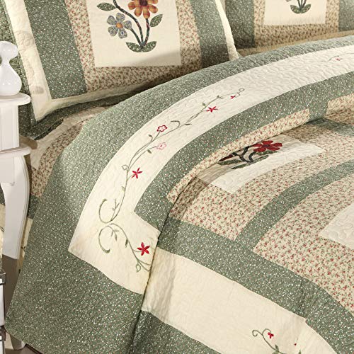 Green Farmhouse Embroidered Floral Quilted Bedspread Set - Queen, Reversible Cotton