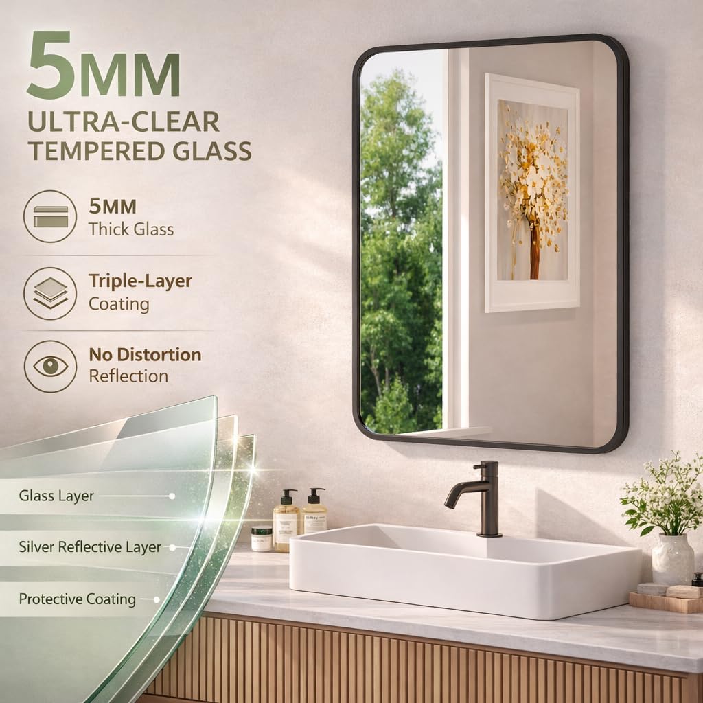 Regine Switzerland Black Bathroom Mirror - 22x30 Rectangular Wall-Mounted Vanity Mirror with Matte Aluminum Frame & Shatterproof Glass