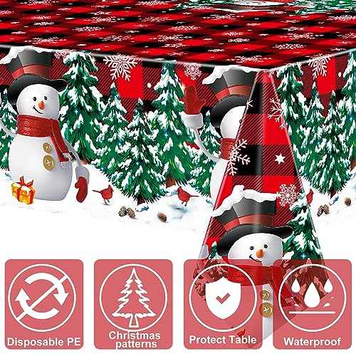 2 PCS Christmas Plastic Tablecloths Snowman Disposable Table Covers Black Red Buffalo Plaid Snowflake Tablecloth Christmas Rectangle Table Cover for Xmas Party Decor Winter Holiday, 54" x 108"