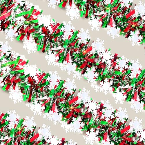 Wuhetyo Red & Green Snowflake Christmas Tinsel Garland 66 Ft Holiday Decor