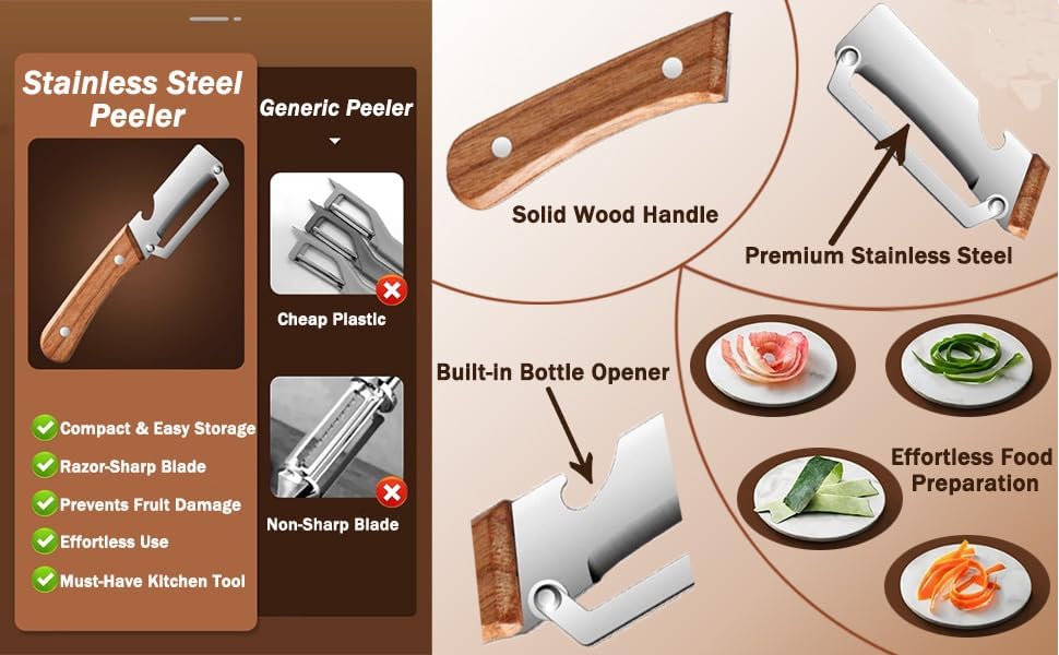 Skiennix Multi-Functional Vegetable Peeler - Premium Stainless Steel Blade & Wooden Handle | Ideal for Fruits & Vegetables