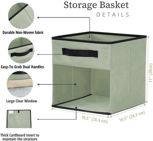 DECOMOMO Storage Bins - Fabric Cube Storage Bins with Window for Shelves | 11" | 6-Pack, Green