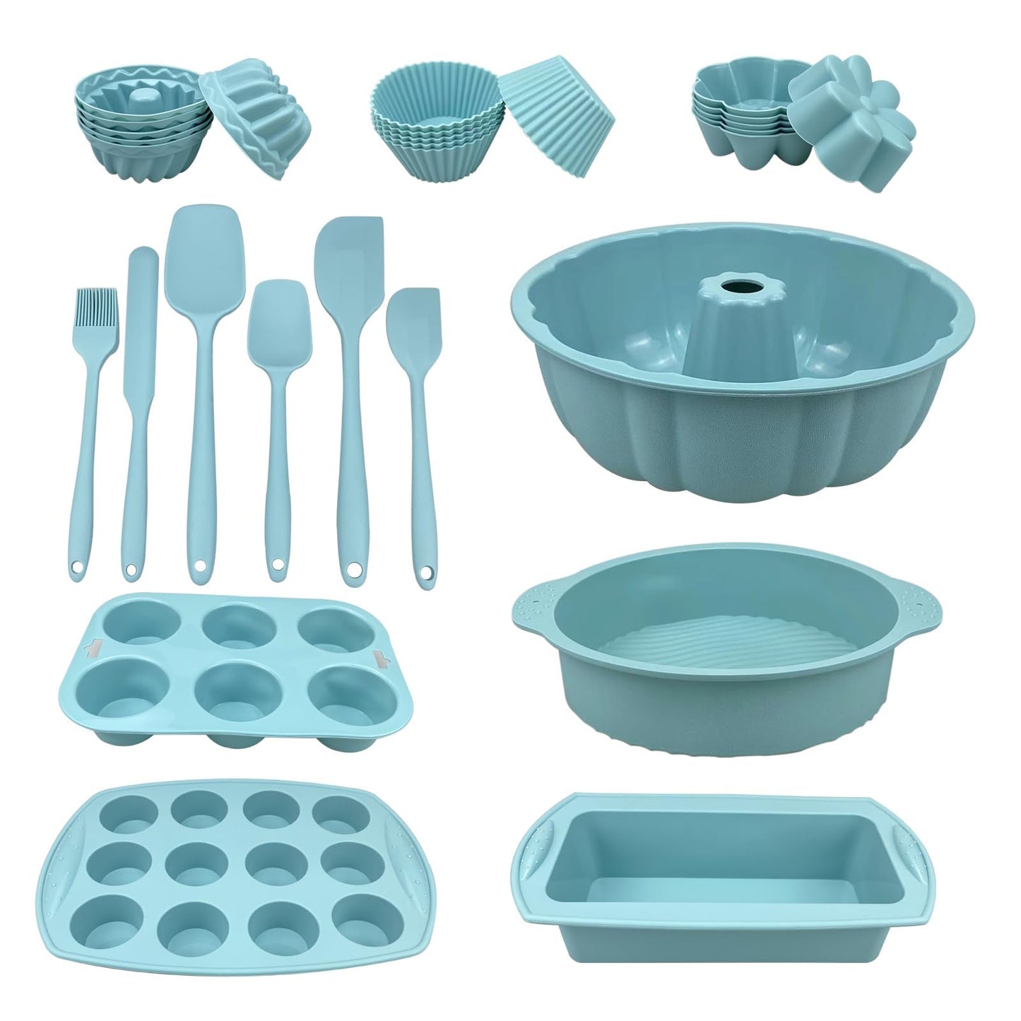 29PCS Nonstick Silicone Baking Set With Bakeable Mini Cake Pans, Bakeware for Oven, Molds and Heat Resistant Spatulas