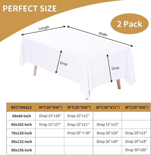 Fixwal White Tablecloth Rectangle 60 x 102 Inch, 2 Pack 6ft Polyester Fabric Table Cloths Rectangular Table Covers for Party, Banquet, Dining, Birthday, Wedding