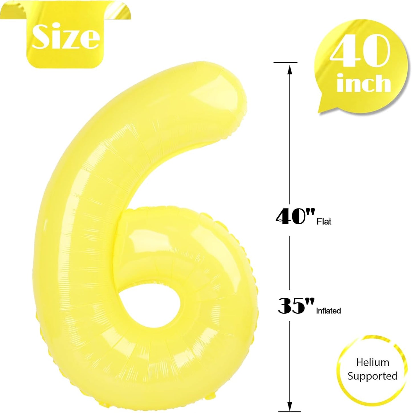 Yellow 6 Balloon - 40 Inch Number Balloon for 6th Birthday Decorations | Vibrant Party Supplies