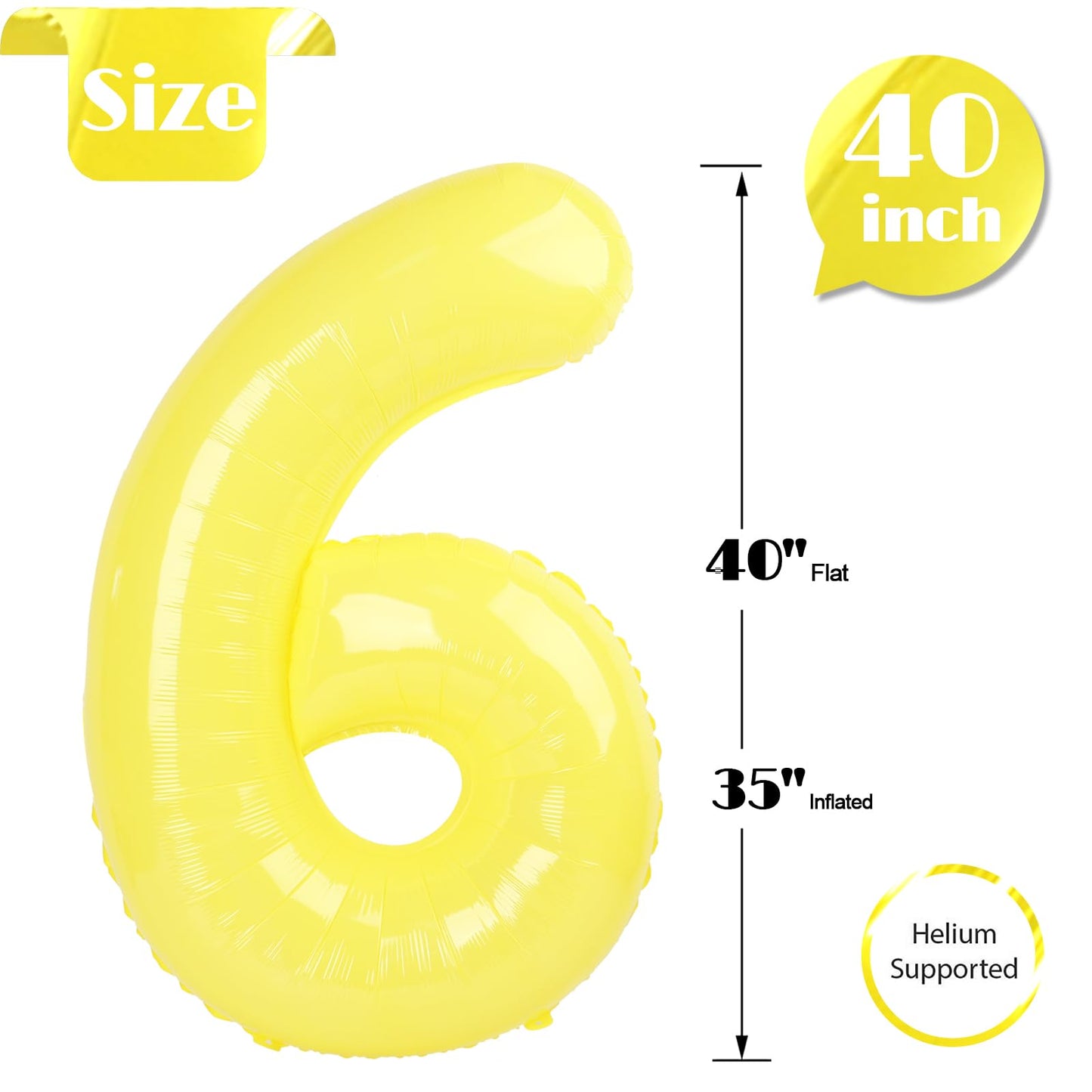 Yellow 6 Balloon, Number Balloons 40 Inch, 6th Balloons for Birthday Decorations, Yellow Party Supplies 6 Birthday Balloon, Number 6 Balloon