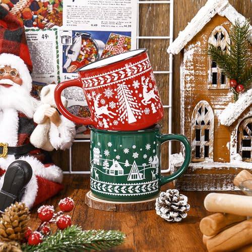 Christmas Enamel Mug Set – 15oz Holiday Coffee Cups with Red & Green Designs