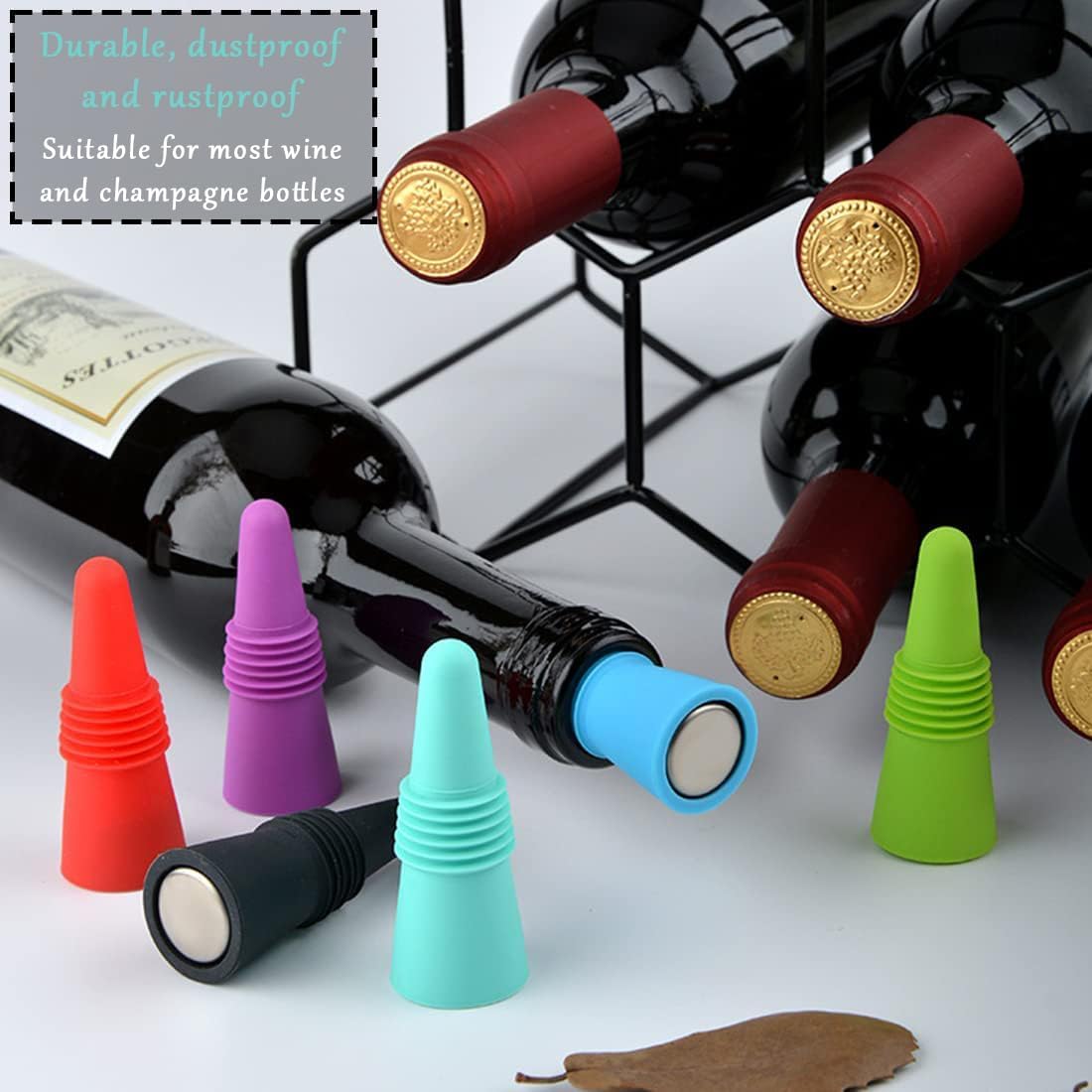 Wine Stoppers – 6 Pack Silicone Wine Bottle Stoppers with Grip Top, Reusable Beverage Sealer Corks for Keeping Wine and Champagne Fresh