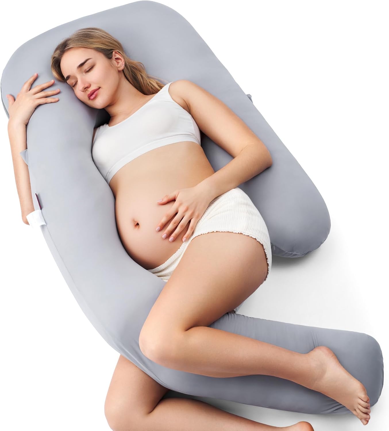 Momcozy Pregnancy Pillow - Cooling Cover & Adjustable Leg Support | Full Body Maternity Pillow, 50-72 Inch, Grey