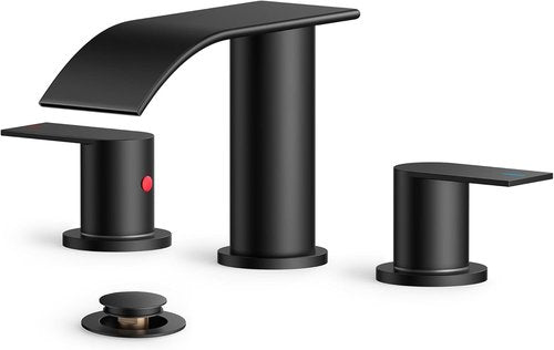 FORIOUS Black Square Bathroom Faucet - Waterfall Design with Metal Pop-Up Drain & Two Handles for Vanity