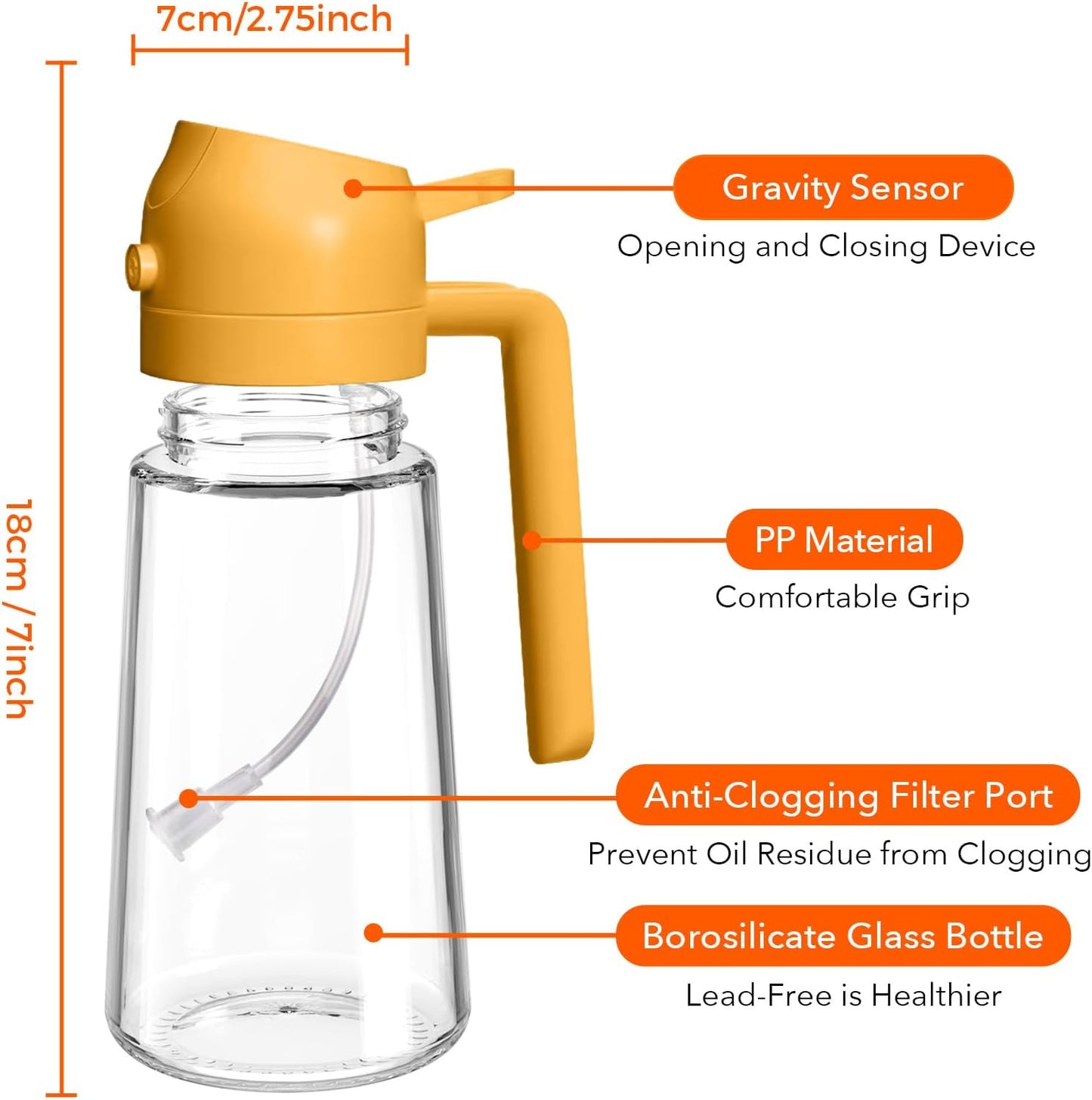 YARRAMATE 2Pcs 16oz Glass Oil Sprayer - Food-Grade Kitchen Dispenser for Cooking & BBQ (White & Orange)