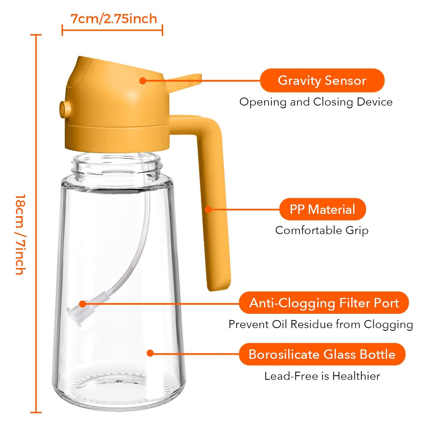 YARRAMATE 16oz/470ml Glass Olive Oil Sprayer for Cooking with Stickers, 2 in 1 Oil Dispenser for Kitchen Gadgets, Food Grade Premium Spray Bottle with Portion Control for Salad, Frying, BBQ (Orange)