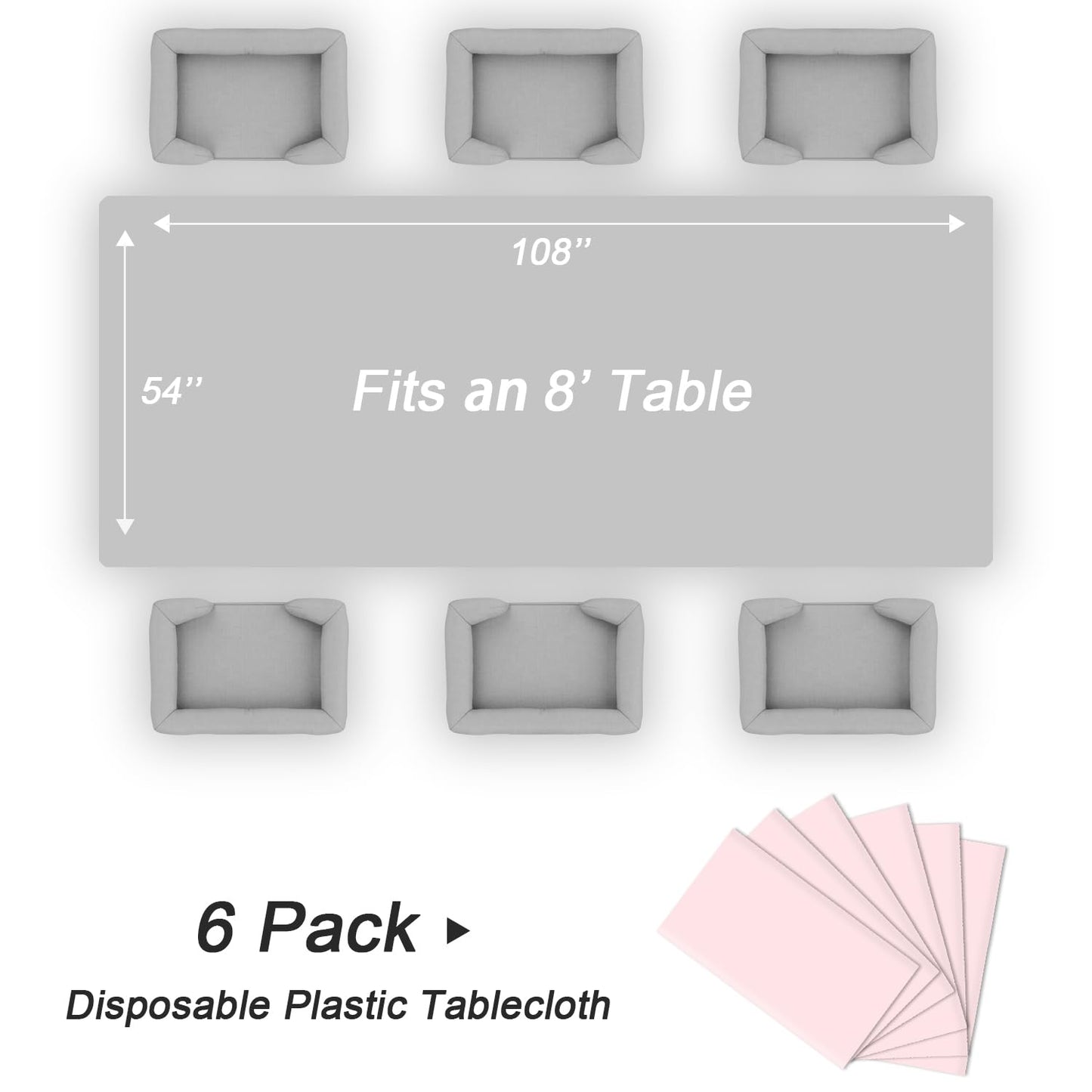 QIKSION Pink Plastic Table Cloth Disposable 6 Pack, 54 x 108 Inch Tablecloths for Valentines, Easter, Mothers Day Decorations, Baby Shower Birthday Party, Rectangle Table Cover
