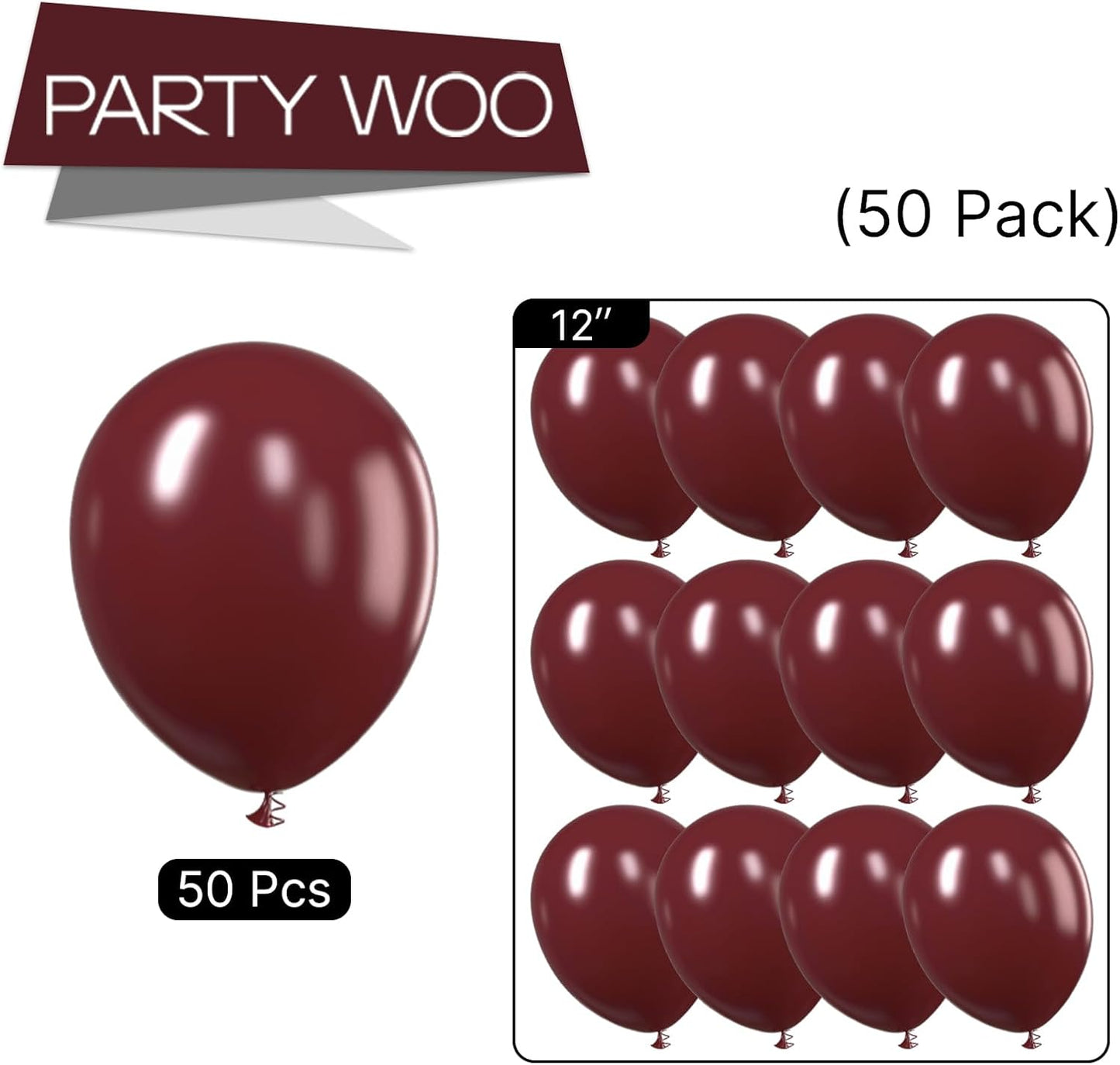 PartyWoo Burgundy Balloons - 50pcs 12 Inch Dark Chestnut Red Helium Balloons for Events & Celebrations