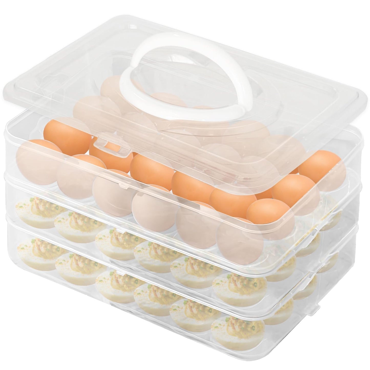 Egg Holder for 72 Eggs,3-Layer Plastic Egg Container,Deviled Egg Tray with Handle Lid,Devil Egg Holder for Refrigerator,Kitchen,Easter Party,Keep Fresh