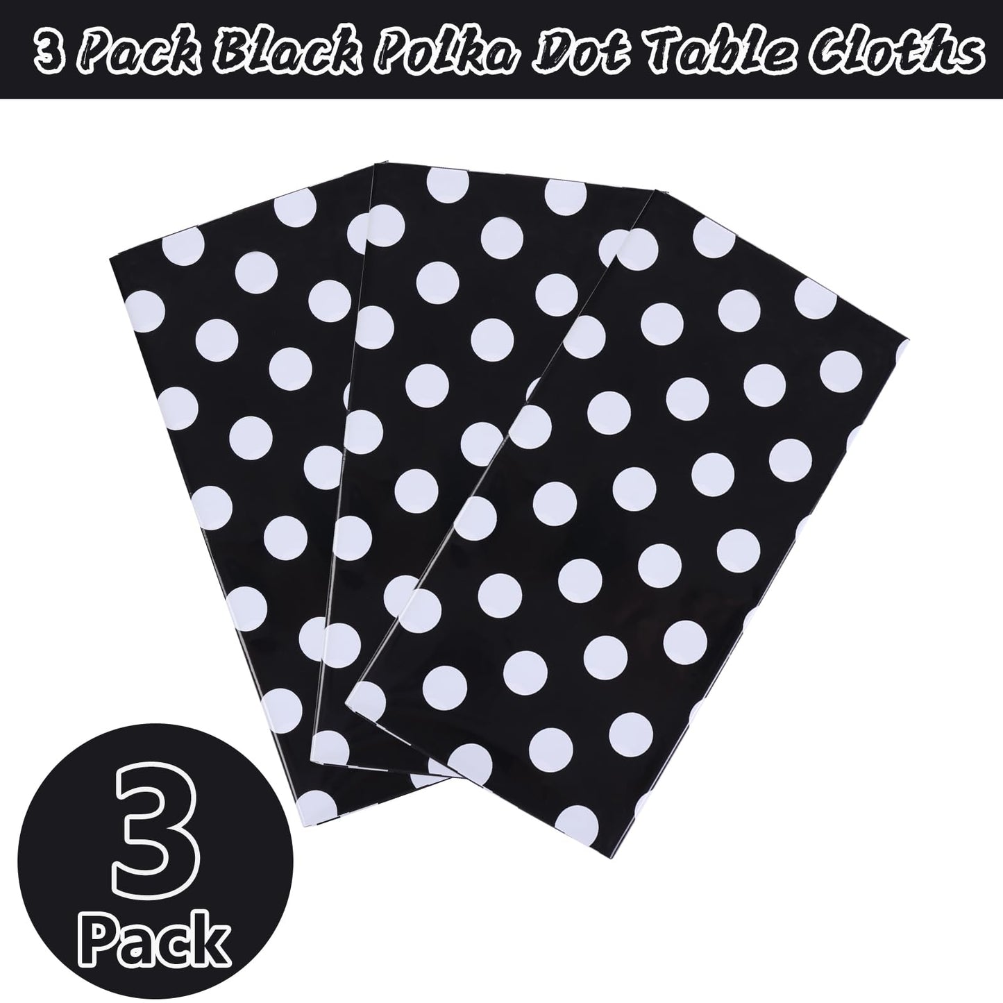 Kesfey 3 Packs Black Polka Dot Plastic Table Cloth 54x108 Inch Black and White Dots Mini Mouse Tablecloths Disposable Black Waterproof Picnic Table Covers for Rectangle Tables Birthday Party Supplies