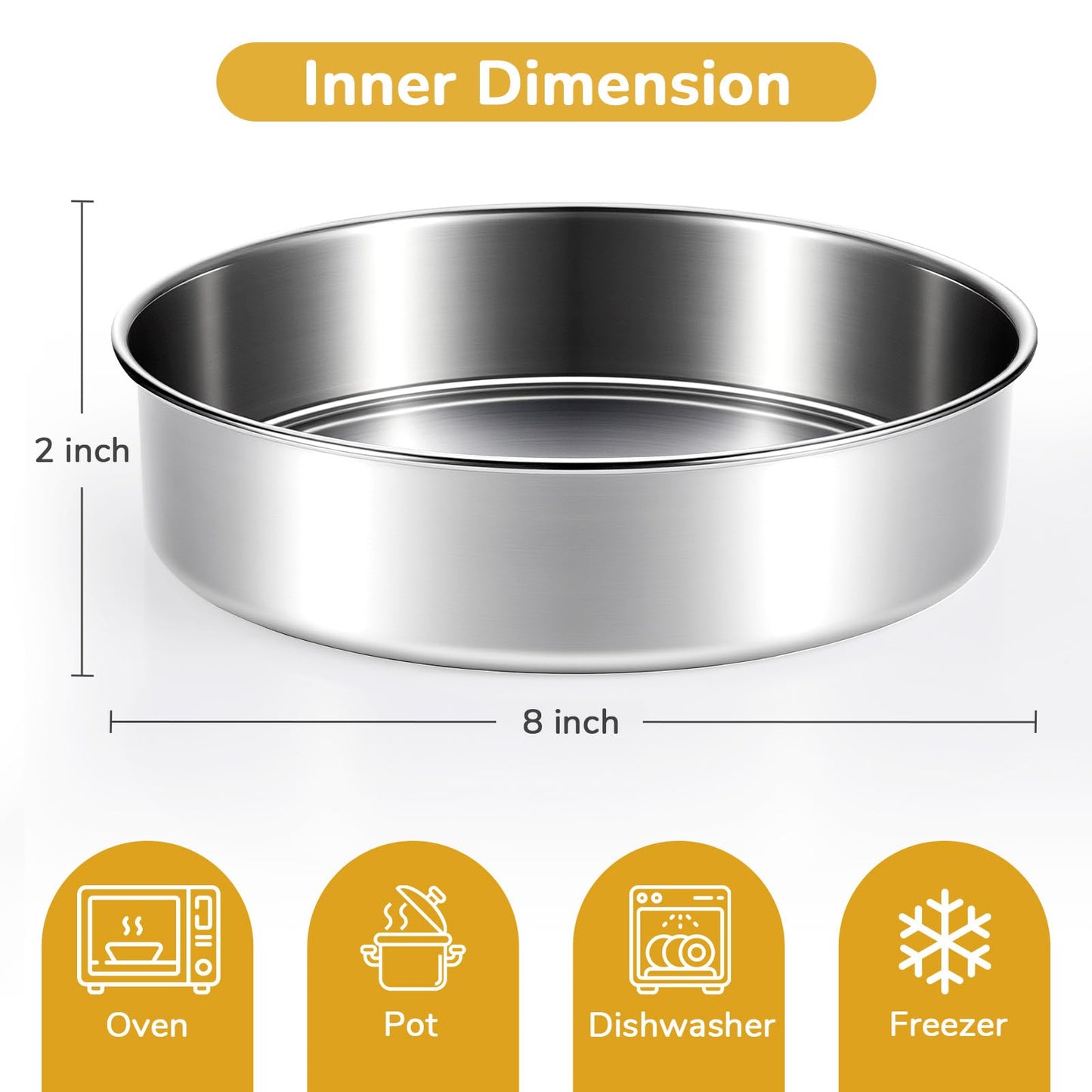 BAKEWAY 8 inch Cake Pans, Round Baking Layer Cake Pan Set of 2, Stainless Steel Mirror Finish & Dishwasher Safe for Birthday, Party, Wedding