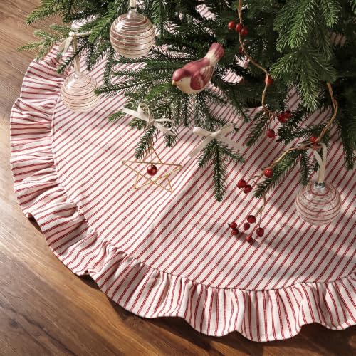 48-Inch Red White Stripe Christmas Tree Skirt with Ruffled Edge