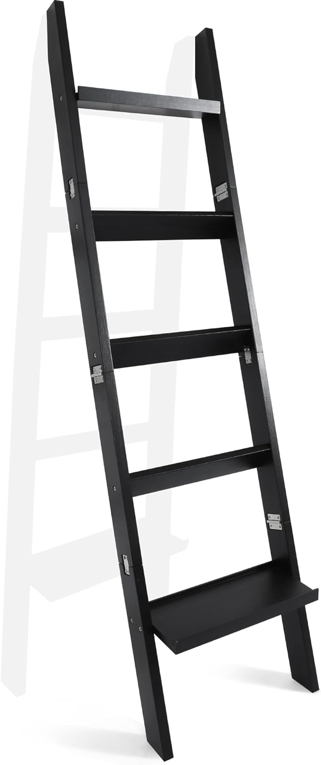 67" Wooden Blanket Ladders for The Living Room,5-Tier Ladder Shelf, Ladder Rack for Storage and Decor (Black)