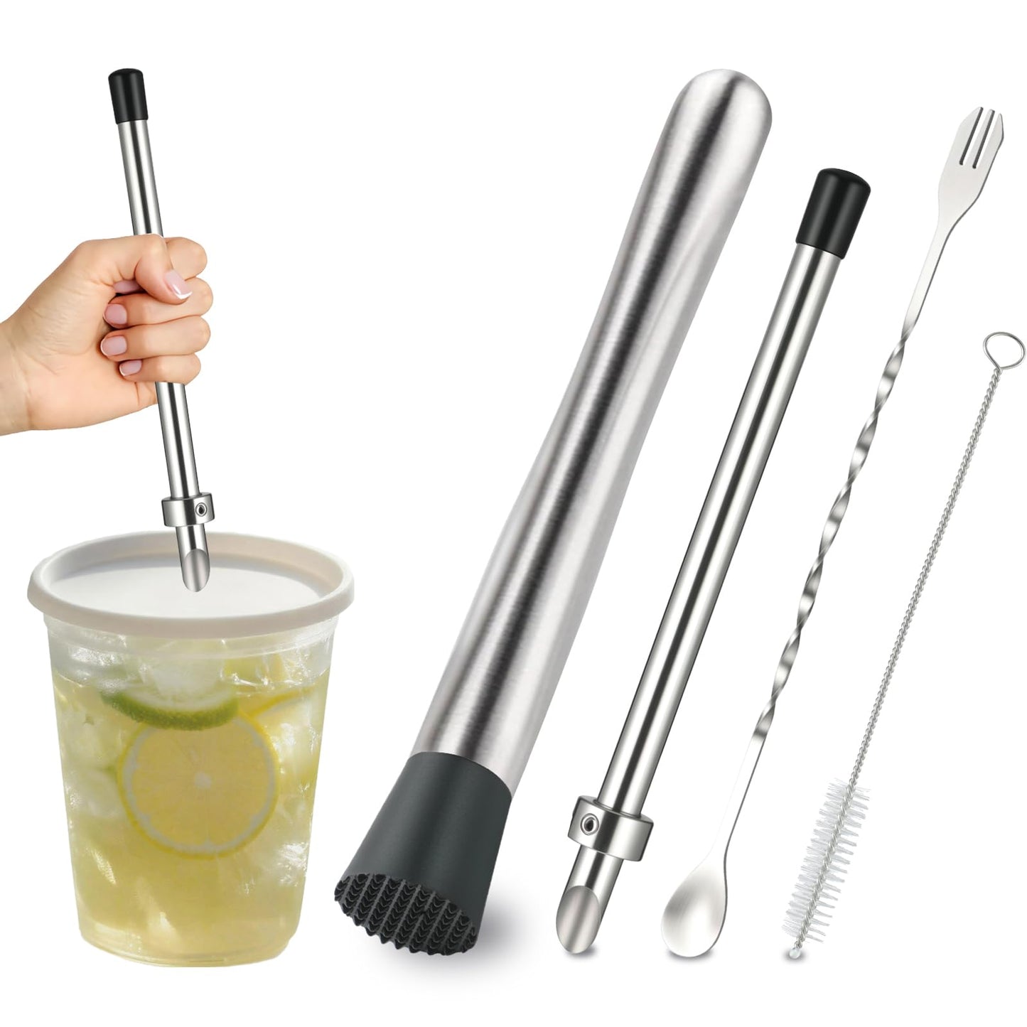 4Pcs Straw Puncher and Muddler Spoon Set 304 Stainless Steel Straw Hole Puncher for Plastic Lids Lemonade Cups Tools for Lemonade Stands Supplies