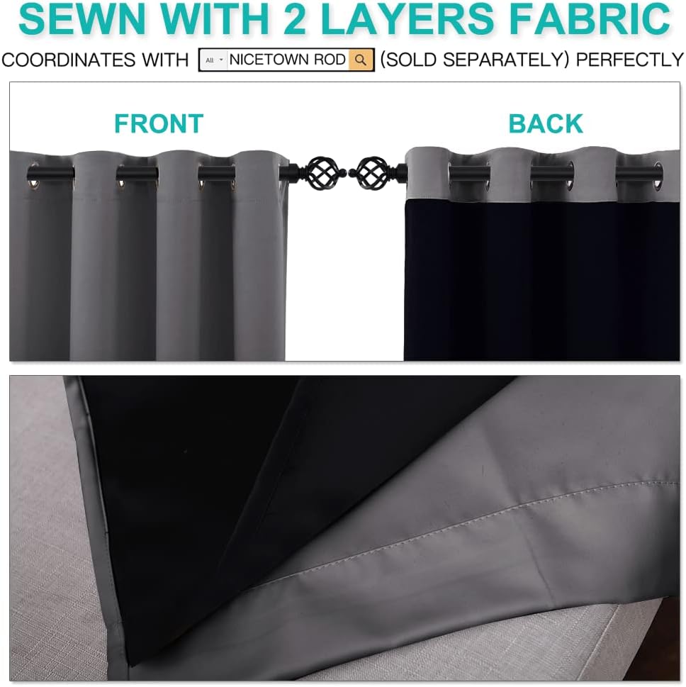 NICETOWN Total Shade Curtains - Heavy-Duty Drapes with Black Liner for Full Light Blocking | Gray, 70" x 95" (Set of 2)