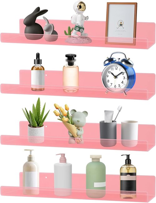 Dezzer Acrylic Floating Shelves - 15" Wall-Mounted Storage for Books, Toys & Perfume | Pink 4-Pack