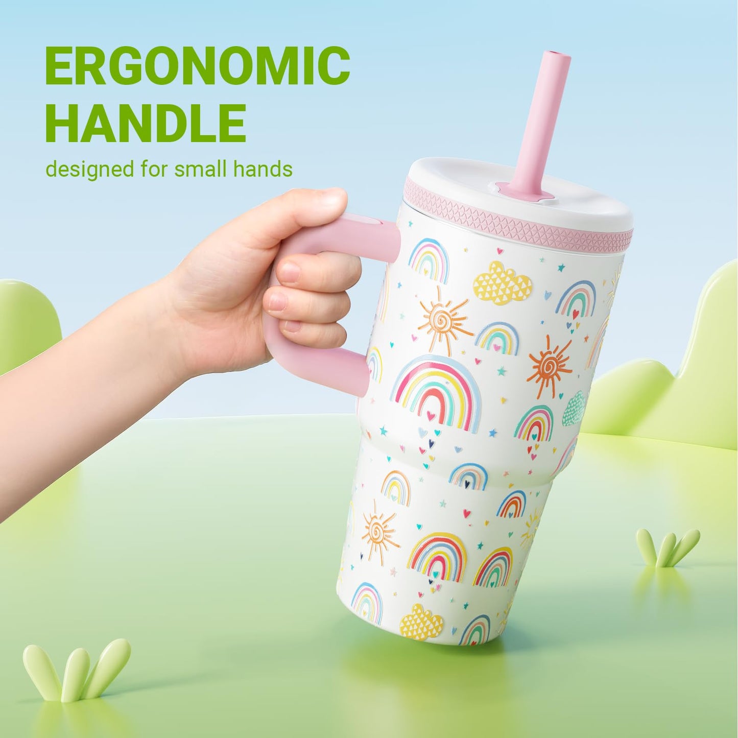 Luxgola Kids 20 oz Tumbler with Handle, Leak-Proof Screw-On Lid with Removable Silicone Straw, Spill Proof, Reusable Stainless Steel Insulated Water Bottle, Gifts for Boys and Girls, Rainbow